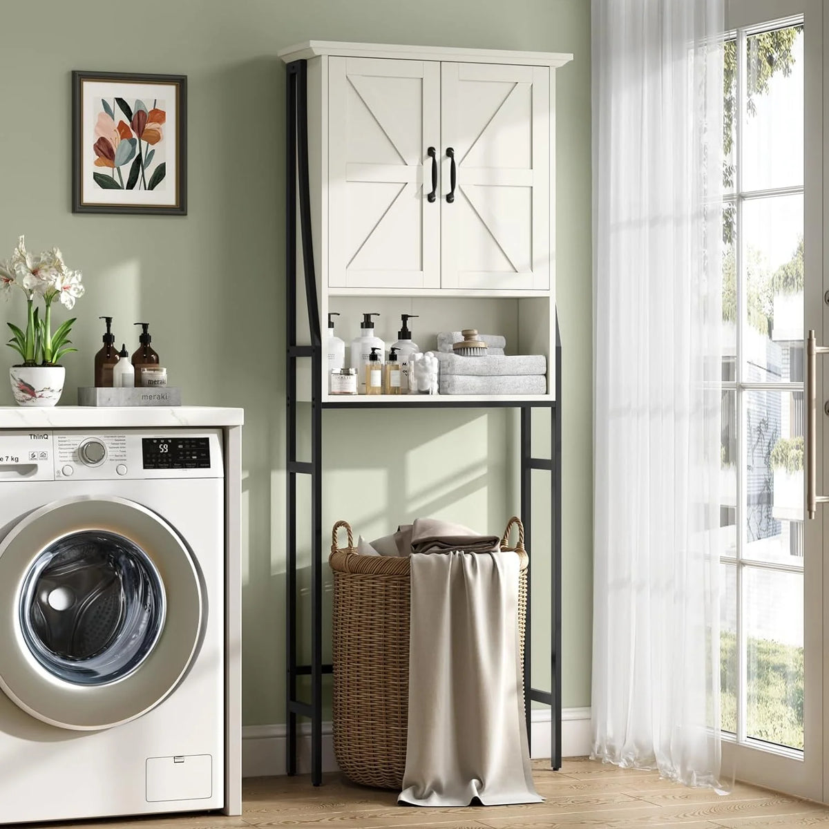 Over The Toilet Storage Cabinet, Over Toilet Bathroom Organizer, Above Toilet Storage Cabinet with Barn Doors Behind Toilet Bathroom Organizer Over-The-Toilet Cabinet (Cream White)