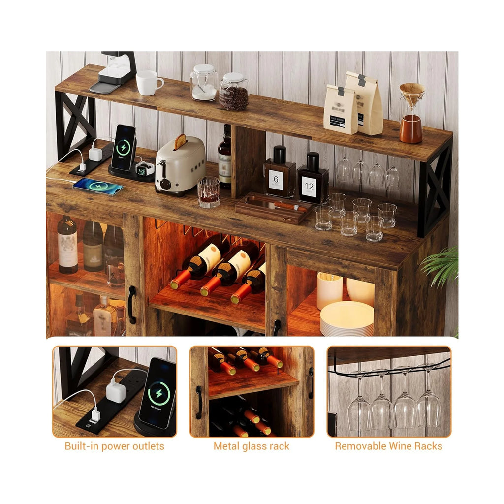 Home Wine Bar Cabinet with LED Light, Industry Coffee Bar Cabinet with Wine Rack, Glass Holder, and Power Outlets, Kitchen Sideboard Buffet Cabinet for Living Room Dining Room