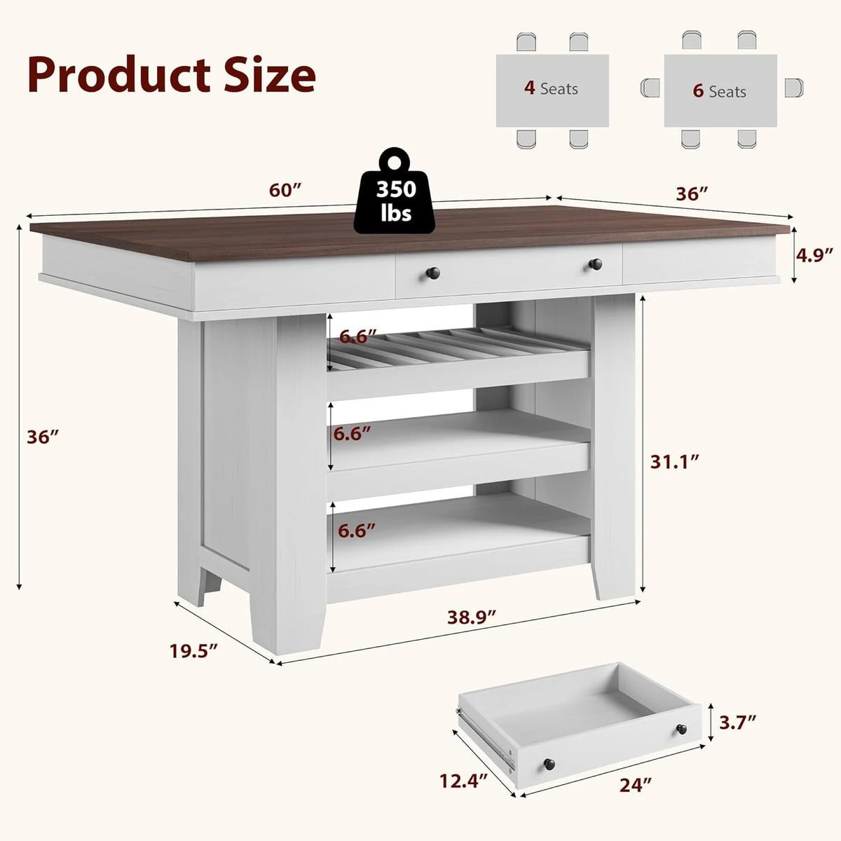 60" Counter Height Dining Table for 4,Rustic Counter Height Dining Table with Drawers& Open Shelves for Kitchen, Bar