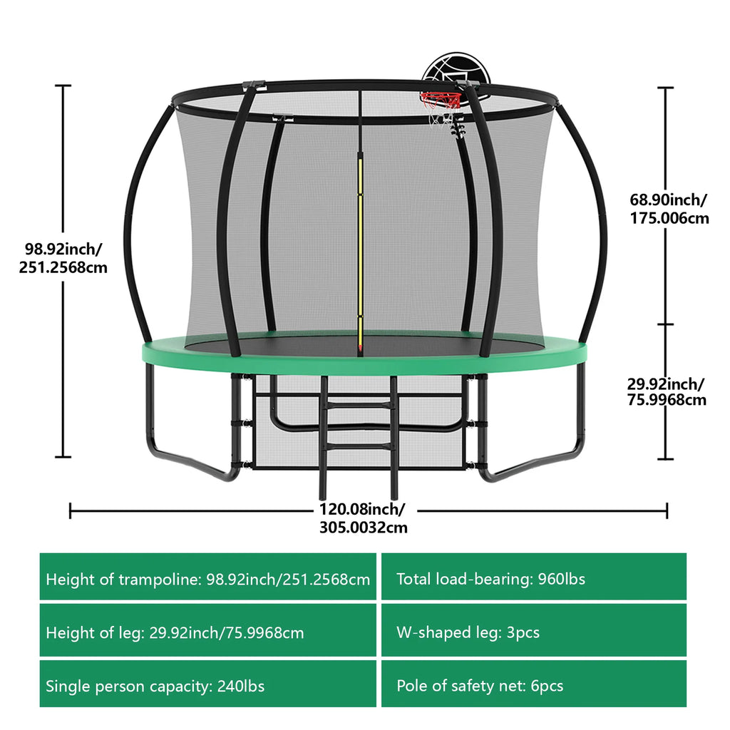Netrum 10ft Kids Trampoline with Basketball Hoop, Outdoor Trampolines with Enclosure Net,Ladder, 880Lbs Trampoline for 4 Kids Green