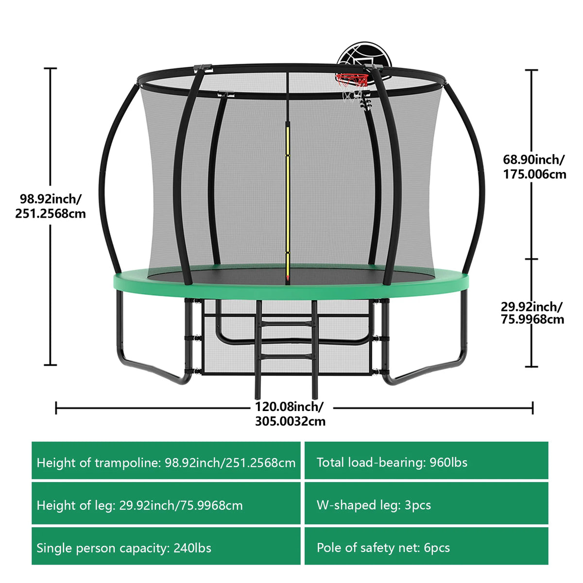 Netrum 10ft Kids Trampoline with Basketball Hoop, Outdoor Trampolines with Enclosure Net,Ladder, 880Lbs Trampoline for 4 Kids Green