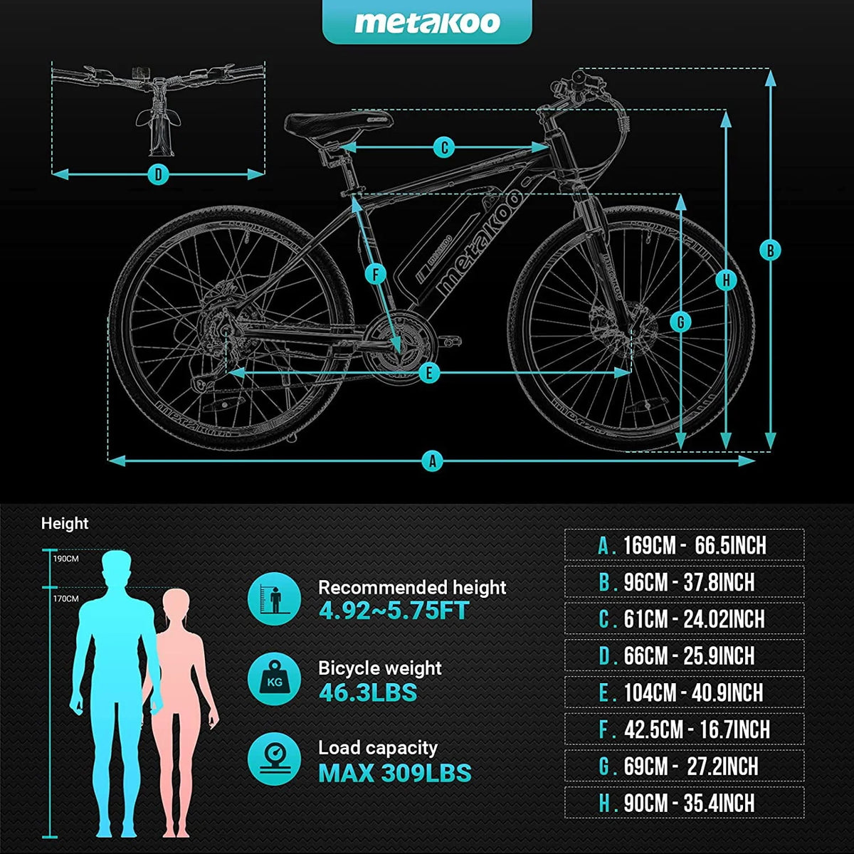 Metakoo 26 In. Mountain Electric Bicycle, 350 W Motor, 3 Hours Fast Charge, 36V Removable Battery, 20Mph with 21 Speed Gears, Black