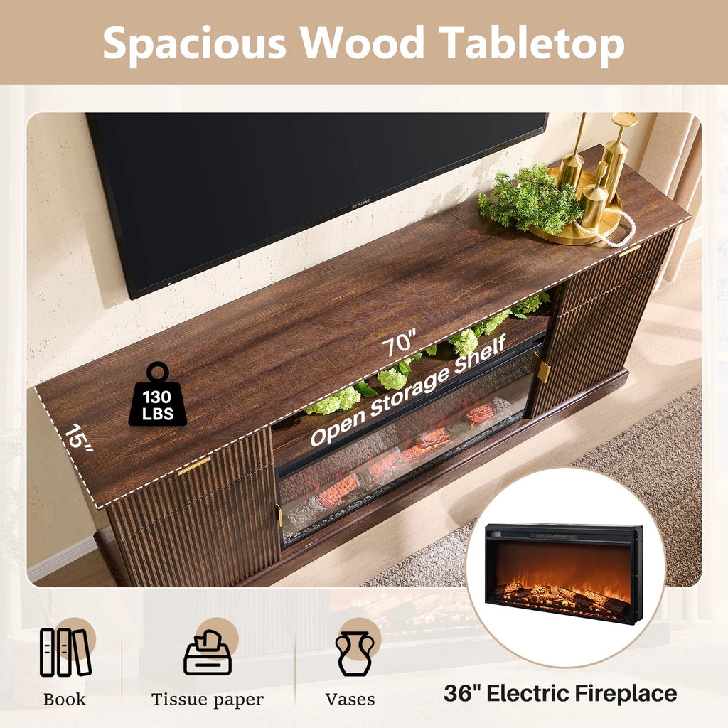 SinCiDo Fluted Fireplace TV Stand for 80 inch, Entertainment Center with 36" Electric Fireplace, 2 Drawers and Adjustable Shelves, Wood TV Stand for Living Room