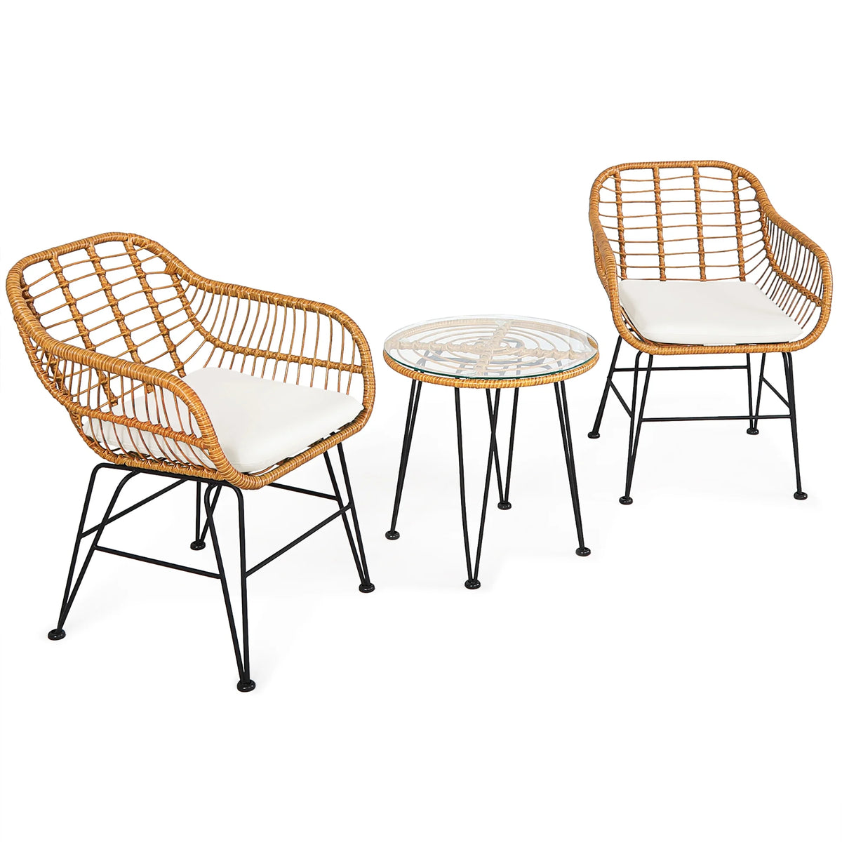 Costway 3PCS Patio Rattan Bistro Furniture Set Cushioned Chair Table Navy