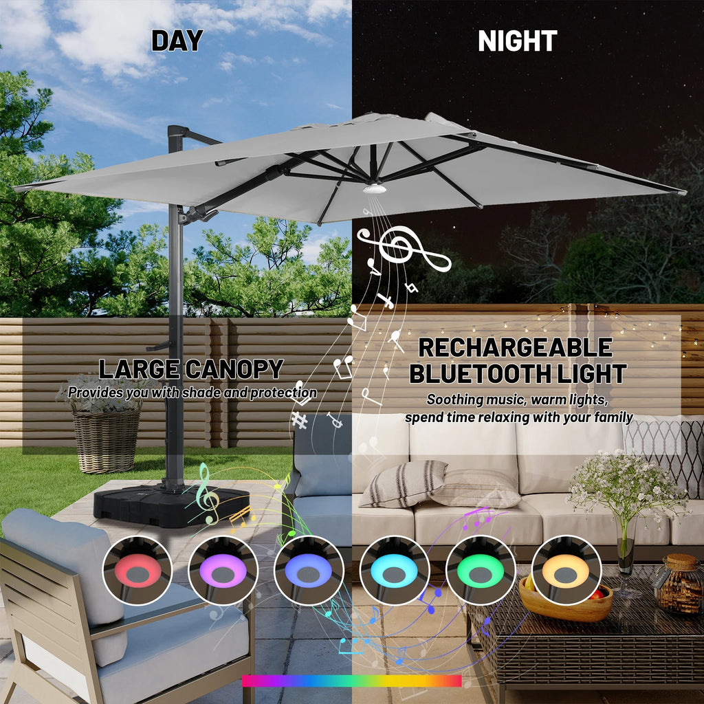 Boyel Living Cantilever Outdoor Patio Umbrellas, with Bluetooth Ambient Light & Base, Offset Square Umbrella for Pool Deck Garden Backyard, Navy Blue