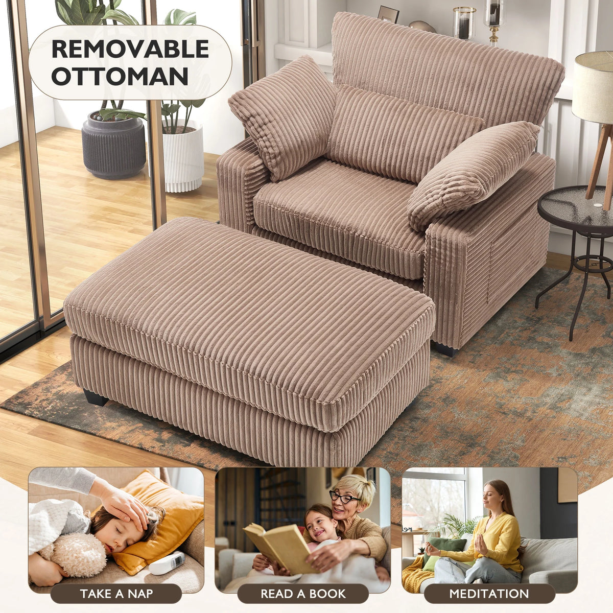 BedLuxury Oversized Accent Chair with Ottoman for Living Room,  Single Sleeper Sofa Armchair with 3 Pillows, Lounge Sofa Bed, Green