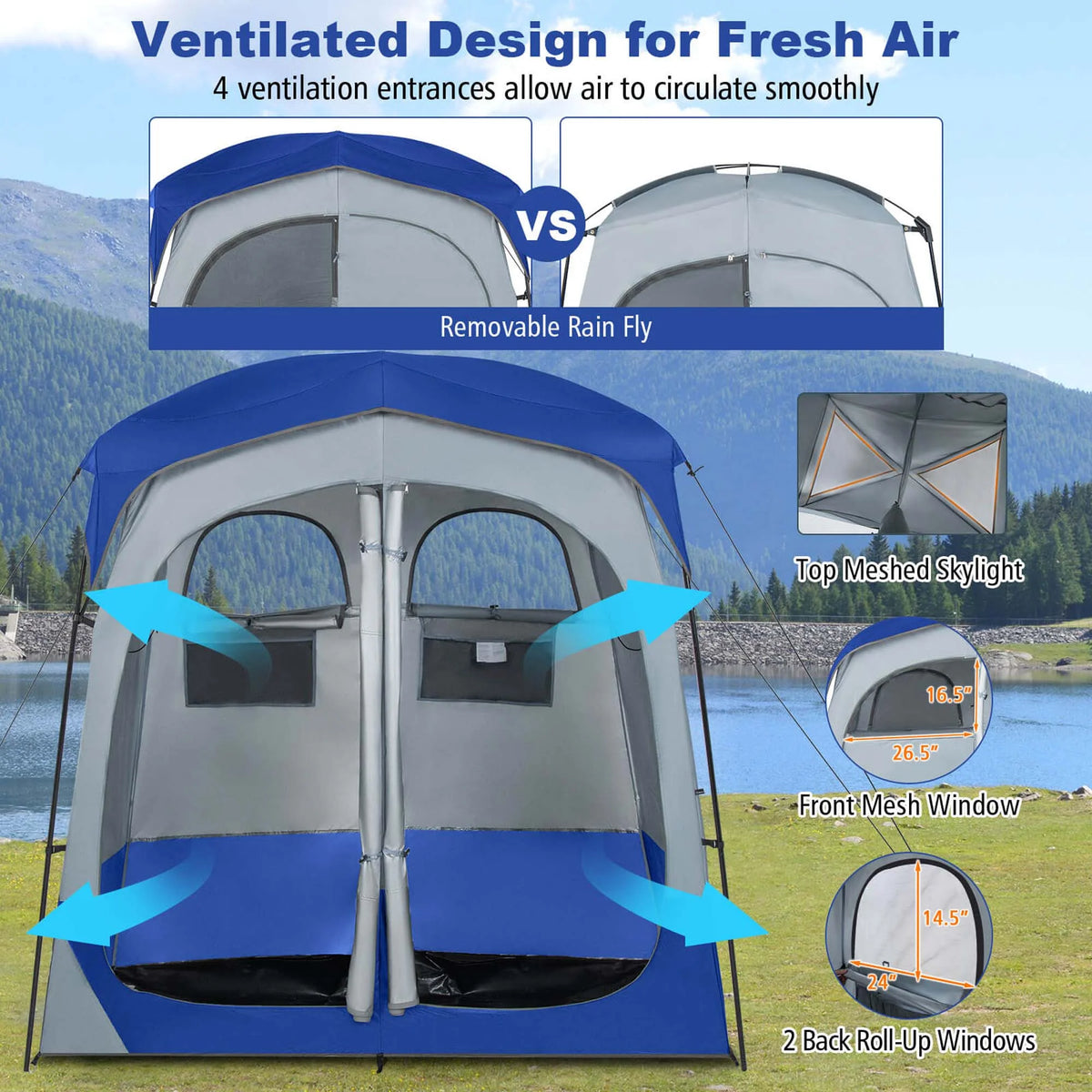 Costway 2 Room Shower Tent Oversize Privacy Shelter Portable Dressing Toilet Outdoor Gray
