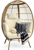 Dextrus Wicker Egg Chair Outdoor Indoor Oversized Lounger with Stand and Cushions Egg Basket Chair for Patio Backyard Porch - Beige
