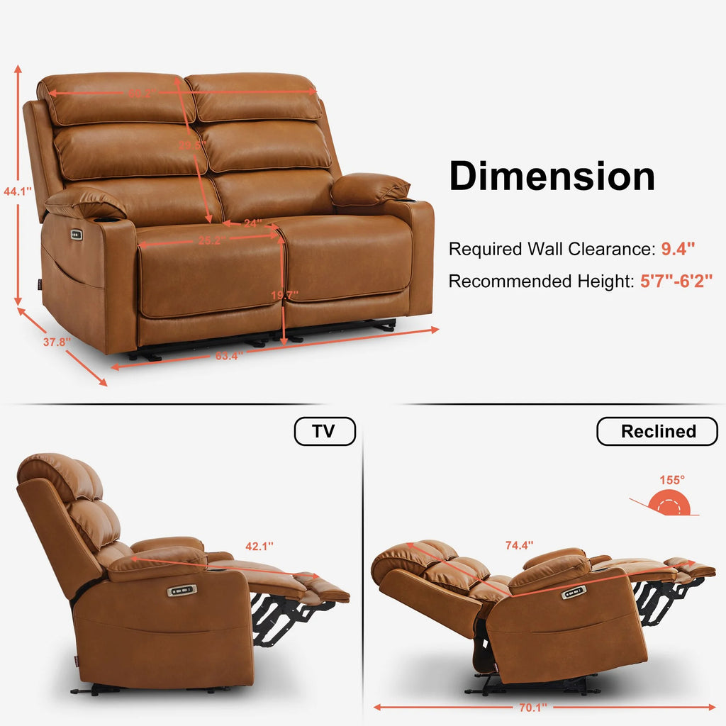 MCombo 63.4" Power Loveseat Recliner Sofa with Adjustable Headrest, Heat and Massage for Living Room, Faux Leather(Light Grey)
