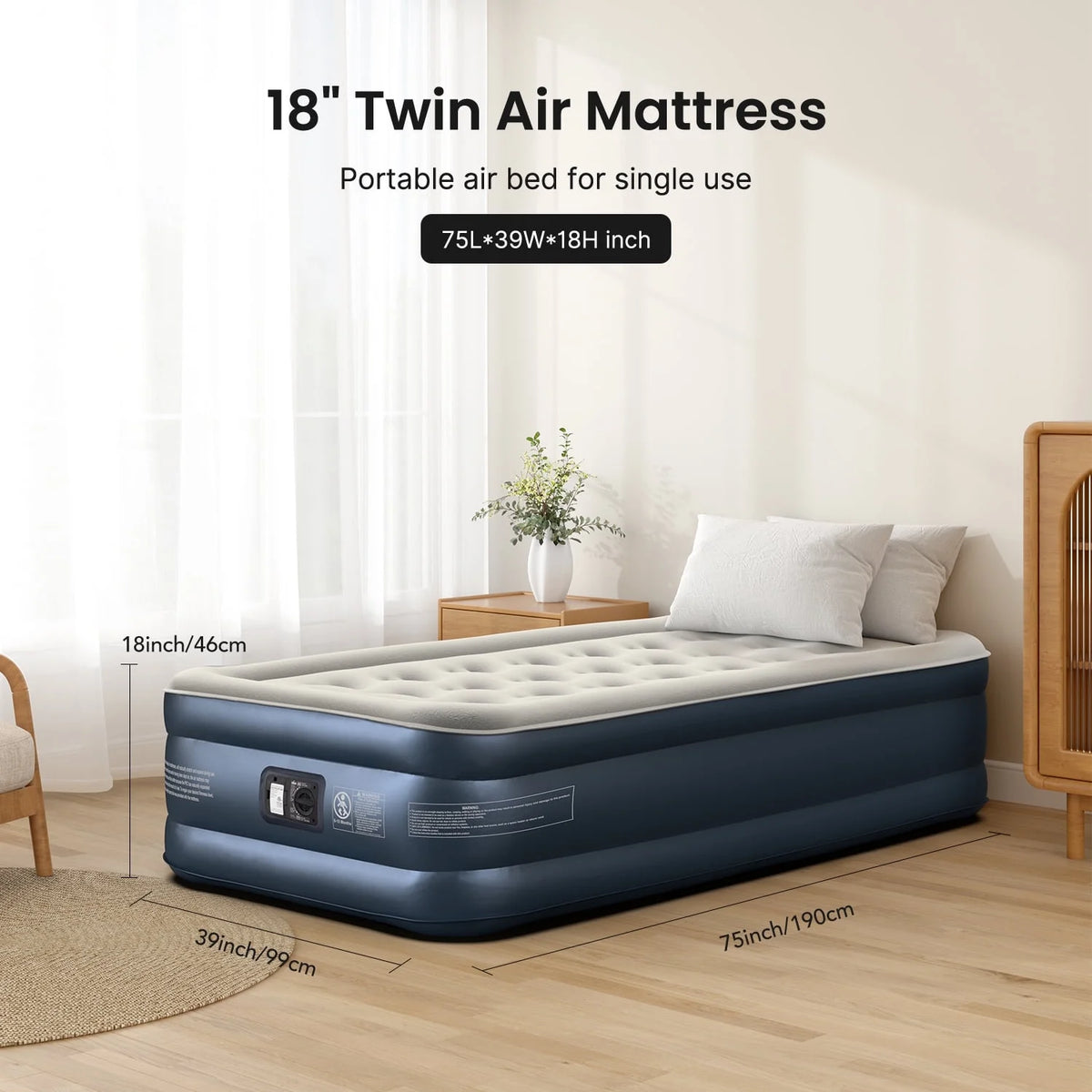 Mattress, Inflatable Airbed with Built-in Pump for Guest Home Camping Travel, 550lb Max, (Twin Size 18")