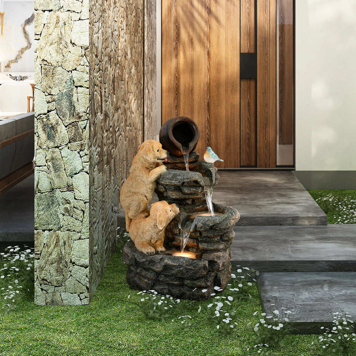 LuxenHome Outdoor Water Fountain, 26" Puppy and Rock Resin Water Fountains Indoor with LED Lights
