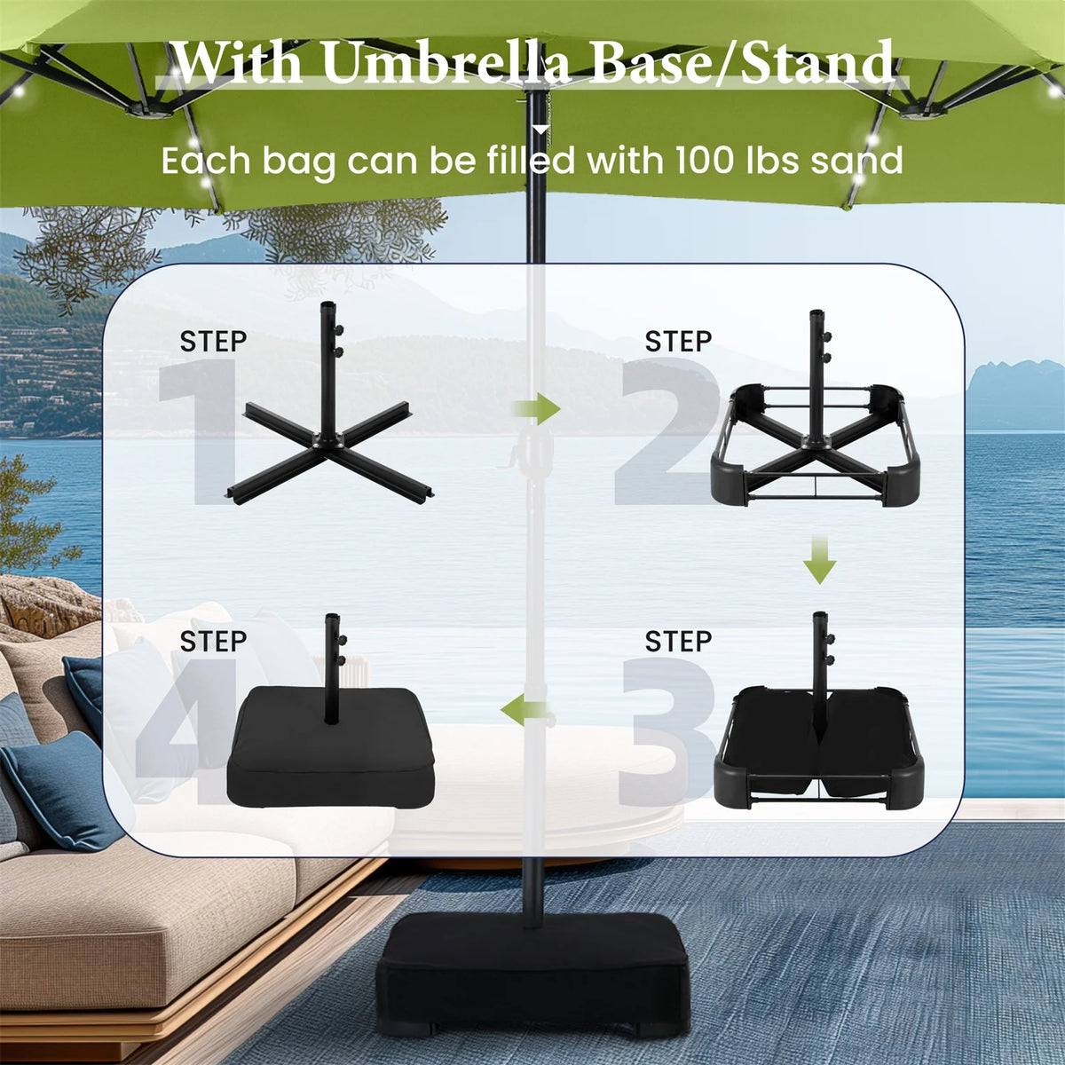 Summit Living 15 FT Double-Sided Solar Patio Umbrella with Base Large Outdoor Umbrella with LED Solar Lights - Haze Blue