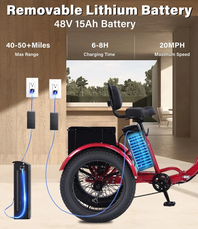 YEBEI Electric Tricycle for Adults Folding E-Trike Motorized Tricycle Electric 3 Wheels Trike Powerful 500W Motor Electric Tricycle 48V15AH Lithium Battery Max 20MPH 20*4.0 Fat Tire Orange