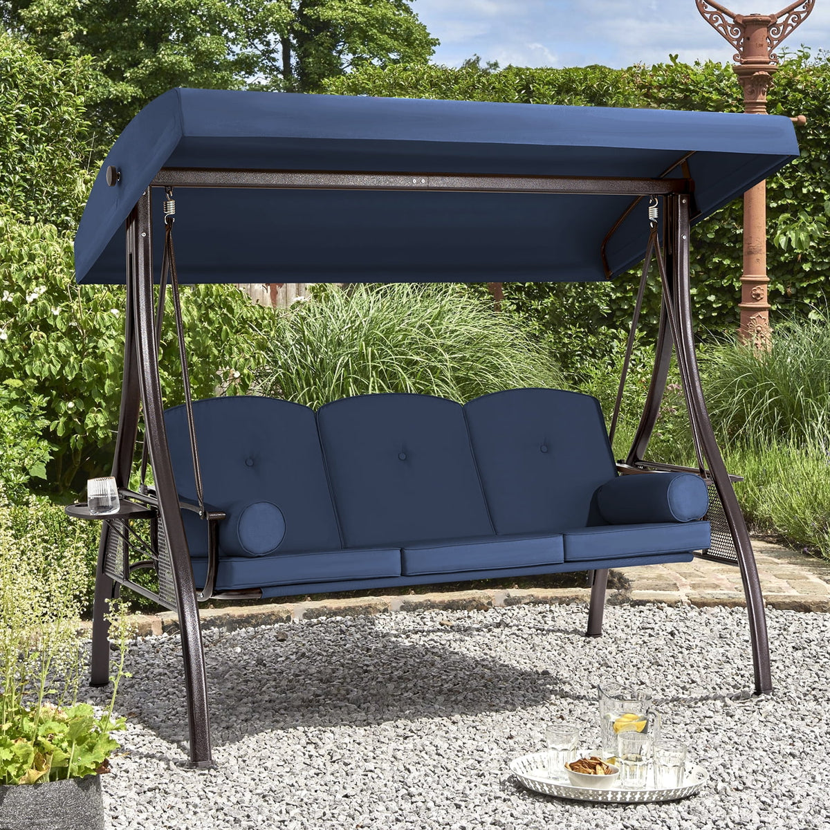 Homrest 3 Person Patio Outdoor Porch Swing with Adjustable Canopy, Backrest, Swing Bed with Stand for Garden,Deck