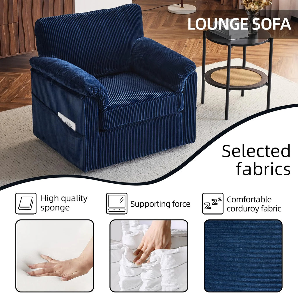 FFH 33" Oversized Swivel Accent Chair,Armchair with Side Pocket,Upholstered Corduroy Lounge Chaise Chair,Barrel Chairs,Comfy Single Sofa Chair for Living Room Reading Bedroom Office,Black