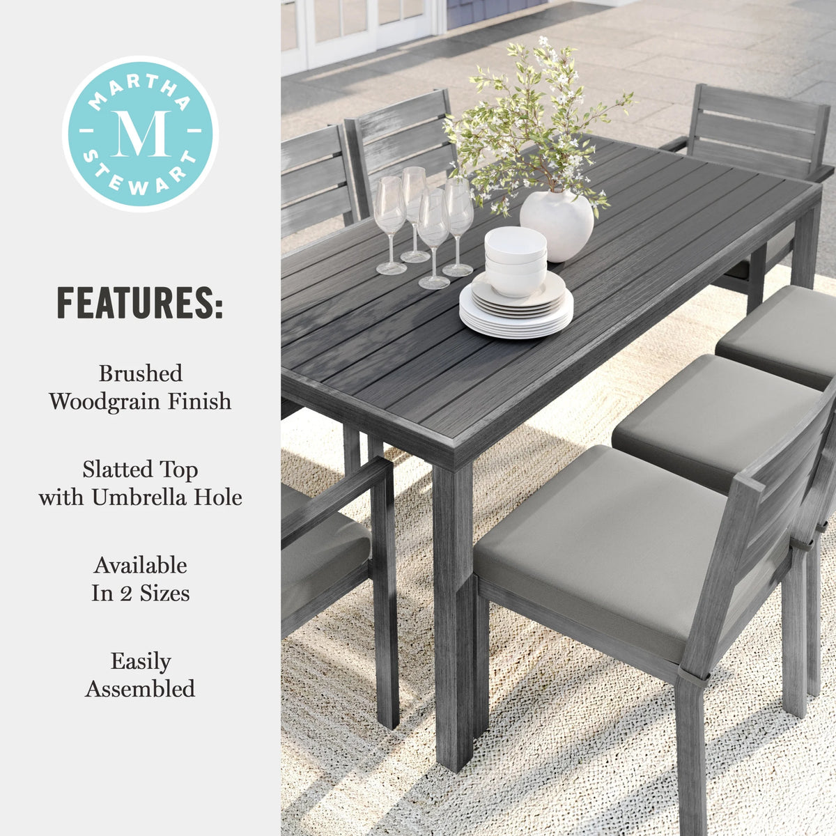Martha Stewart 71" Indoor-Outdoor Patio Table with Gray Brushed Woodgrain Aluminum Finish