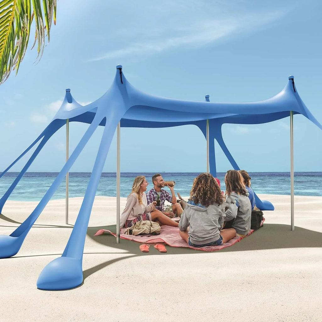 Beach Tent Canopy with 8 Sandbags 4 Aluminum Poles, Pop Up Portable Camping Sun Shelter, Easy Set Up with 2 Sand Shovel, Ground Pegs, Carrying Bag for Outdoor Beach,Picnic, Fishing
