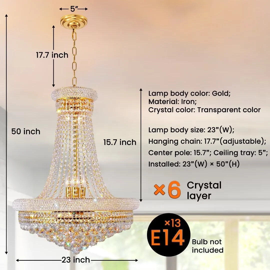 FINE MAKER 13 light empire luxury crystal chandelier, 6 layer crystal living room large chandelier
