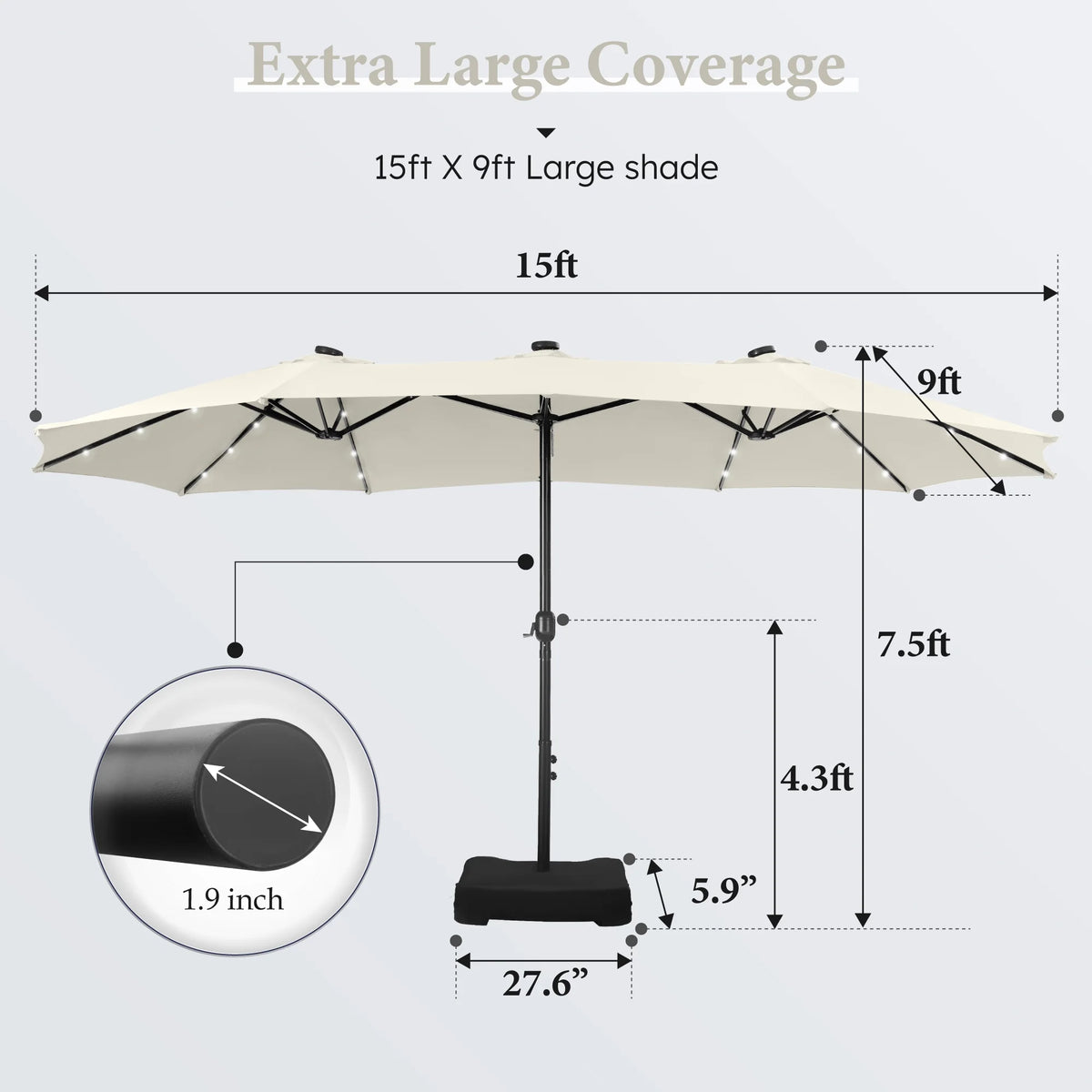 Summit Living 15 FT Double-Sided Solar Patio Umbrella with Base Large Outdoor Umbrella with LED Solar Lights - Haze Blue