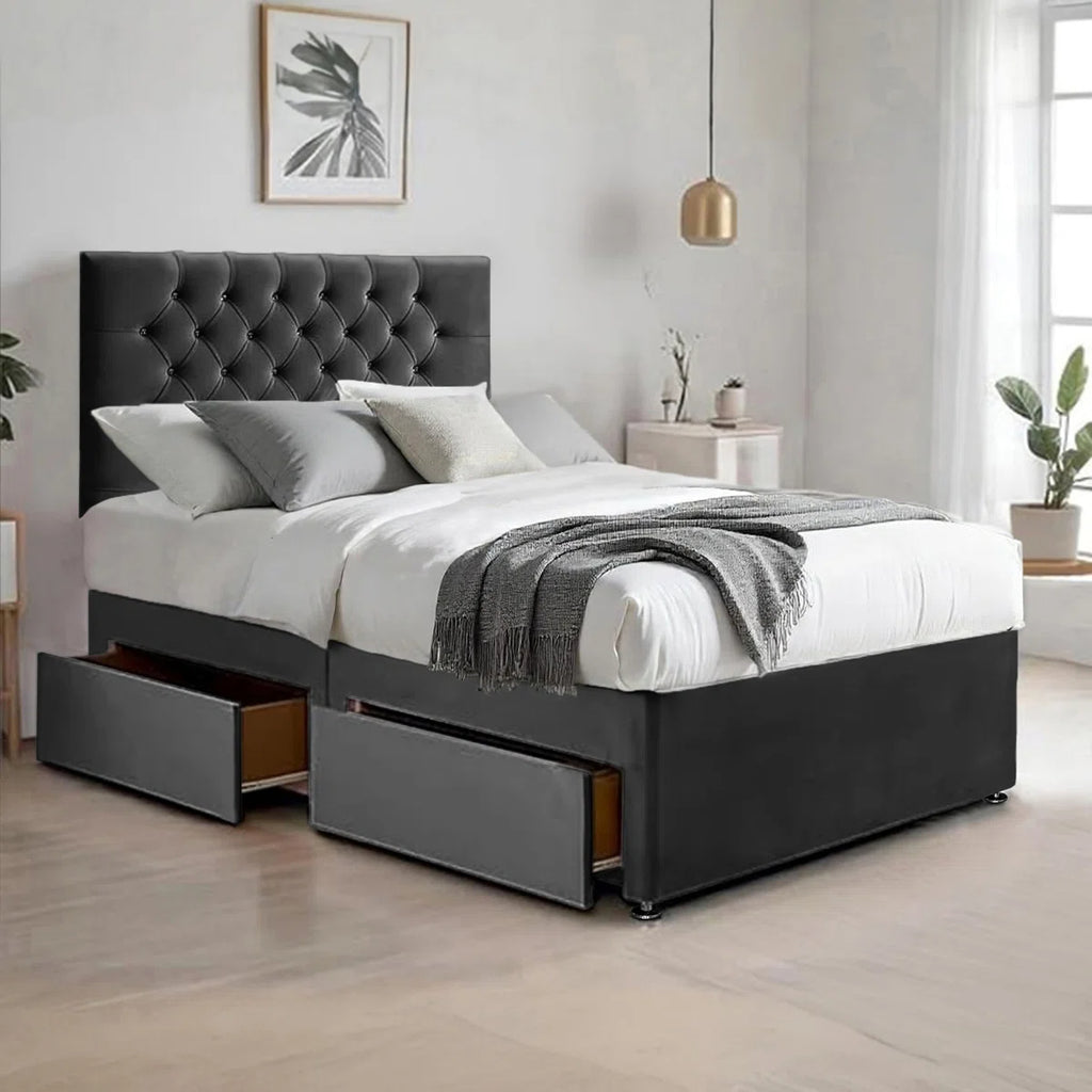Suede Divan Bed & Mattress Set with 26''Chesterfield Headboard & 10'' Coilspring Foam Mattress, 2 Storage Drawers - Divan Beds