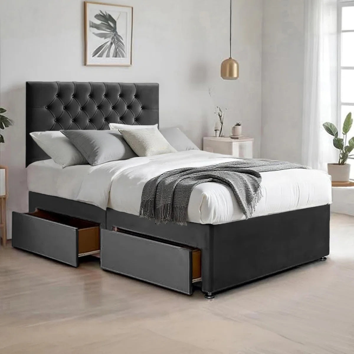 Suede Divan Bed & Mattress Set with 26''Chesterfield Headboard & 10'' Coilspring Foam Mattress, 2 Storage Drawers - Divan Beds