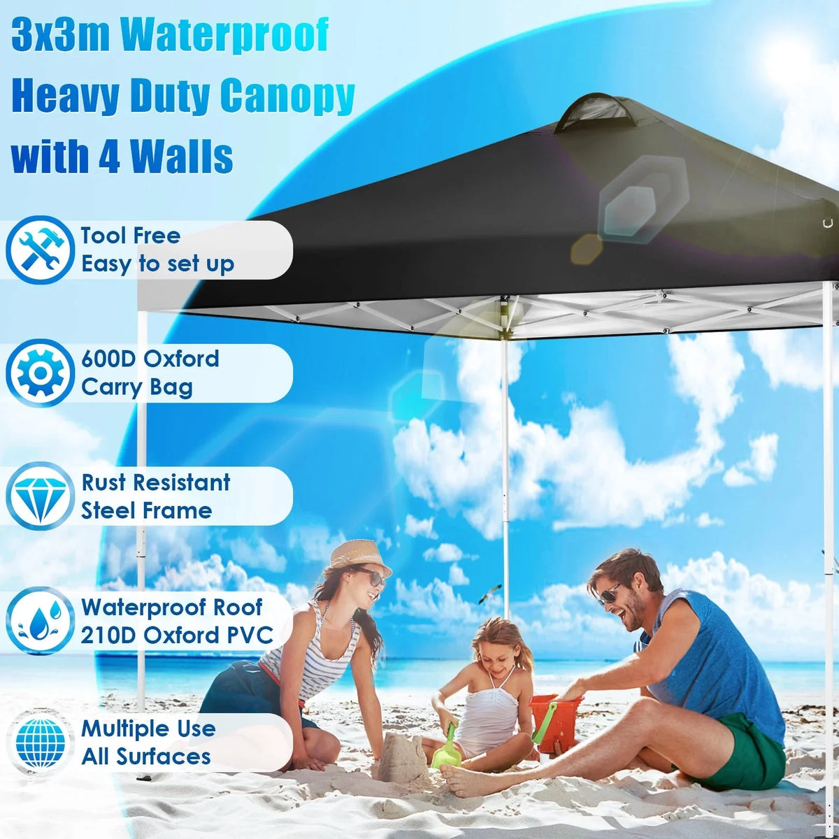 COBIZI 10x10 EZ Pop up Canopy Gazebo with Sidewalls,Pop up Canopy Tent Instant Shelter for Outdoor Party Camping Backyard Beach with Air Vent ,Carry Bag,Stakes,Ropes,Black