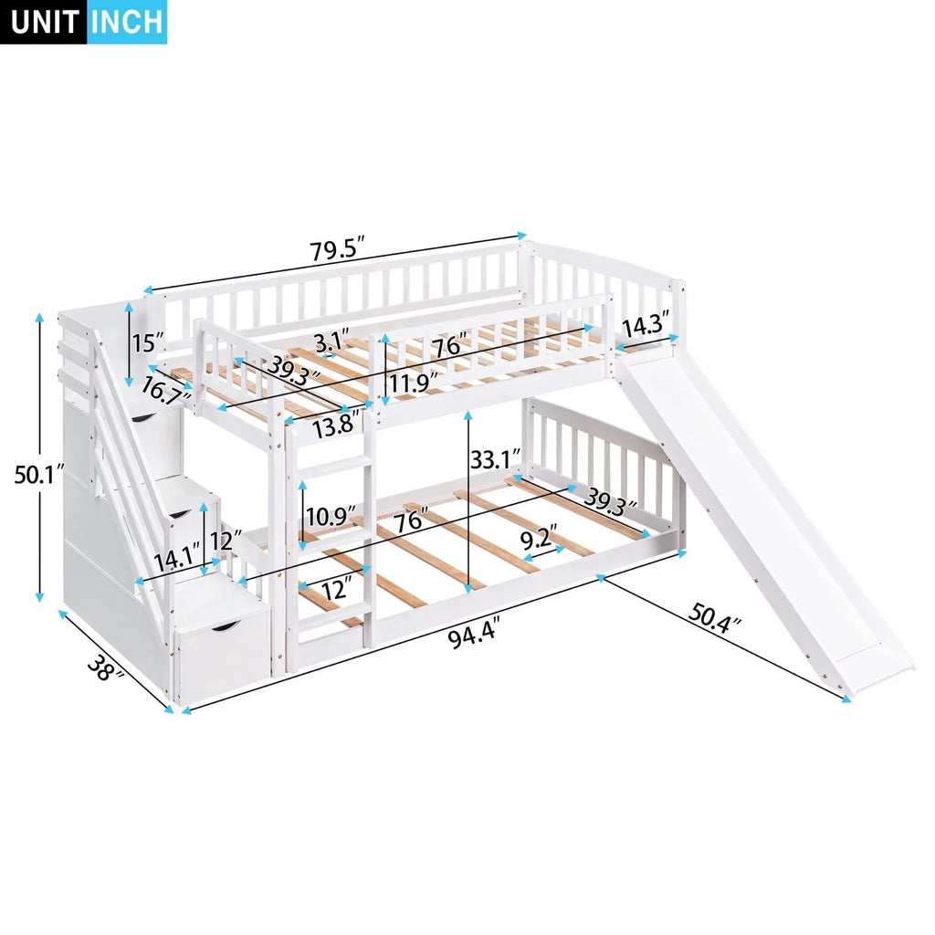 Stairway Bunk Beds Twin over Twin, Wooden Bunk Bed Frame with Kids Slide and Storage Staircase, 2-in-1 Storage Beds Frame with Ladder and Safety Guardrails for Boys Girls Bedroom, White