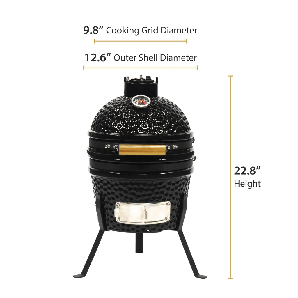 VESSILS 9.8-inch W Kamado Charcoal BBQ Grill Heavy Duty Ceramic Barbecue Smoker and Roaster with Built-in Thermometer and Stainless Steel Grate (13 Inch Stand, Black)