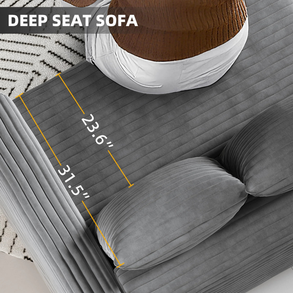 Alvantor 4-Seat Sofa 102" W Corduroy Upholstered Deep Seat Couches Convertible Chaise for Living Room, Apartment Grey