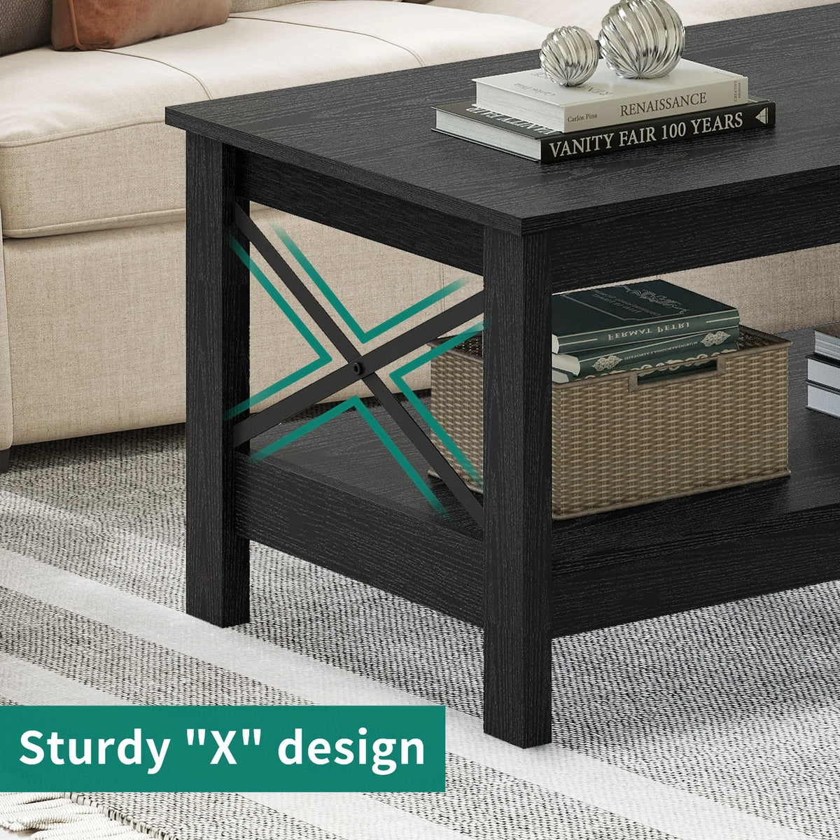 Moasis Farmhouse Coffee Table with Storage 2-Tier Center Table for Living Room Grey Wash Top+White