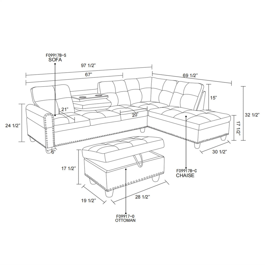 Aukfa 3 Piece Sectional Sofa, Living Room Couch with Storage Ottoman&Cup Holder, Linen, Right Hand, Purple