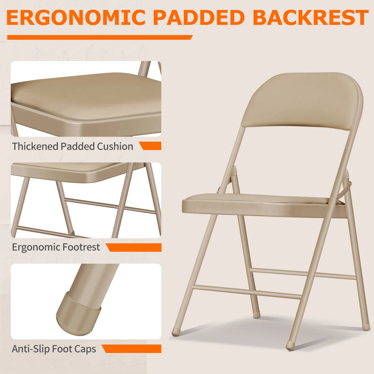 Vebreda Padded Metal Folding Chair, 6-Pack, Kahki