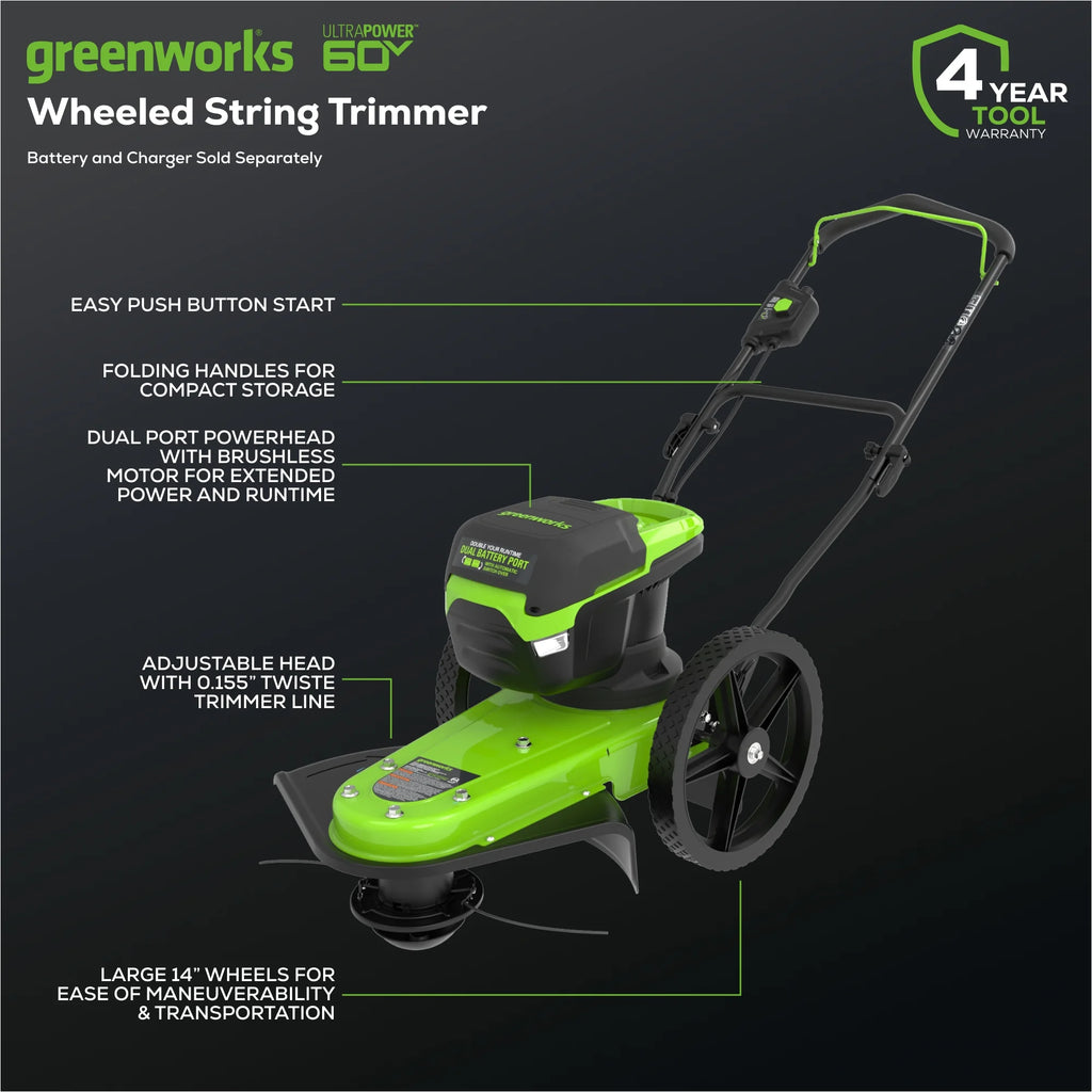 Greenworks 60V 22" Cordless Brushless Wheeled String Trimmer with 8.0Ah Battery and Charger