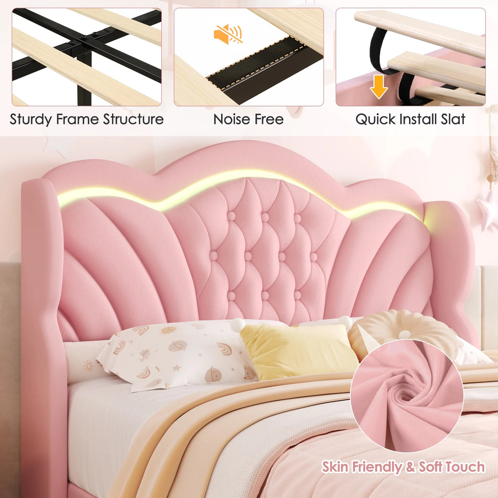 Hiphuta Modern Queen Bed Frame with 2 Drawers, LED Lights Platform Bed Frame, Sturdy Beds Frame with Upholstered Button Tufted Headboard, Velvet White