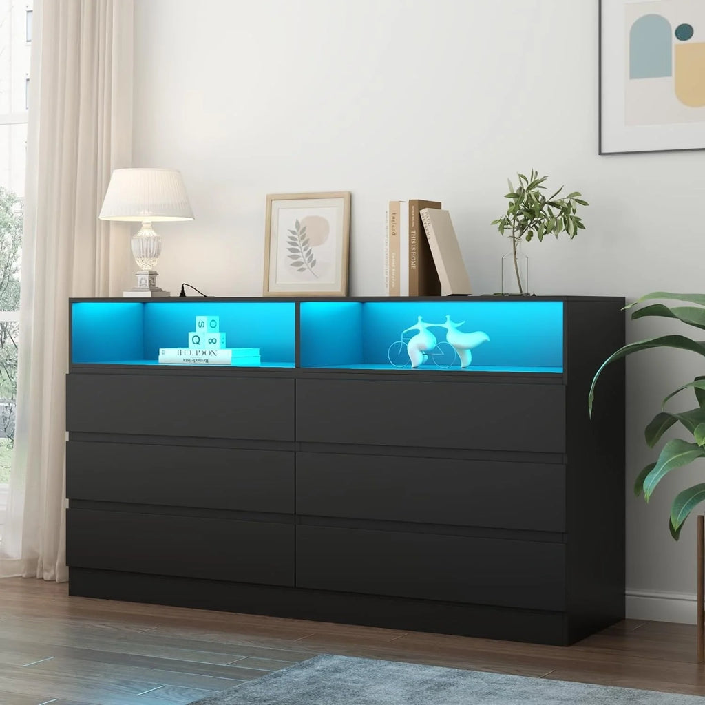 Gyfimoie 6 Drawer Double Dresser with Power Outlet, Accent Chests of Drawers with LED Light