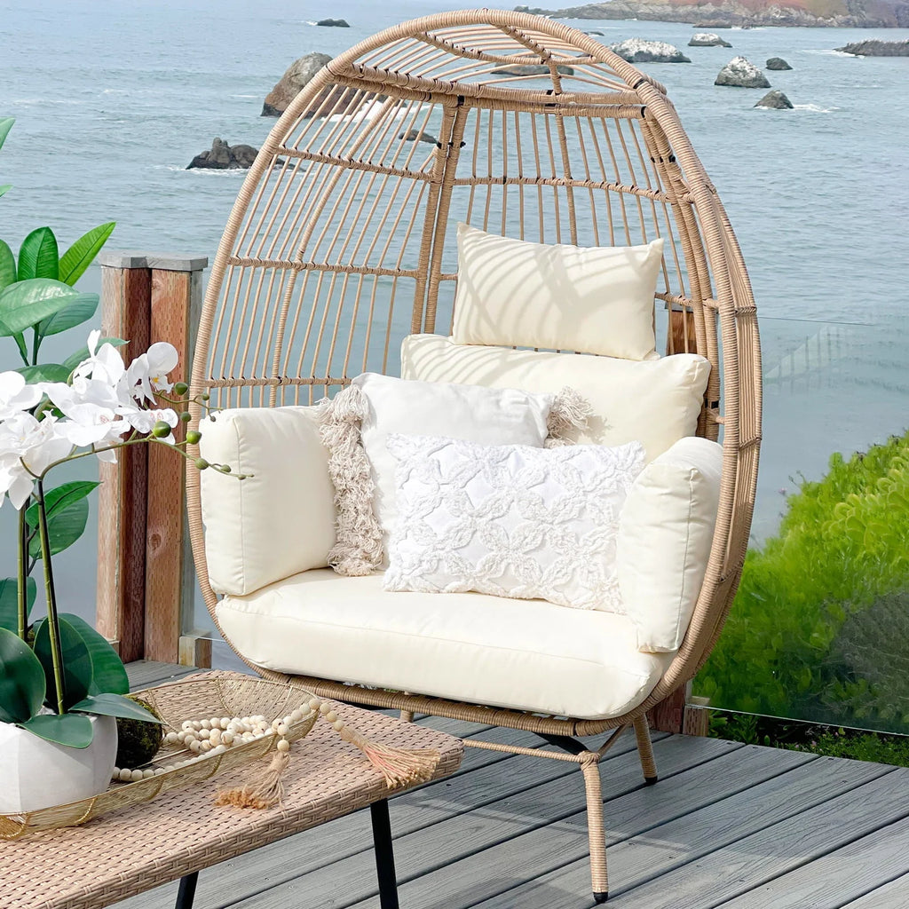 Dextrus Wicker Egg Chair Outdoor Indoor Oversized Lounger with Stand and Cushions Egg Basket Chair for Patio Backyard Porch - Beige