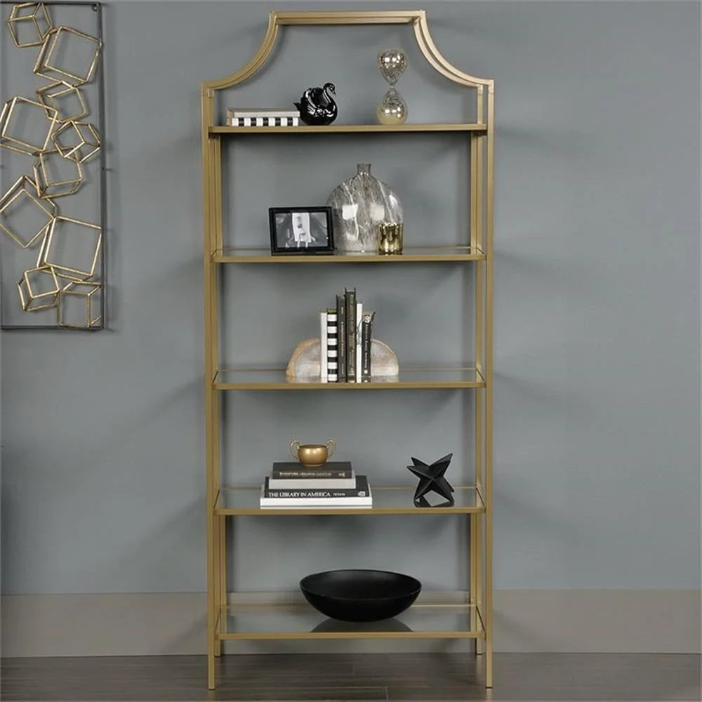 Pemberly Row 5-Shelf Modern Metal Bookcase in Gold Satin/Faux Deco Stone