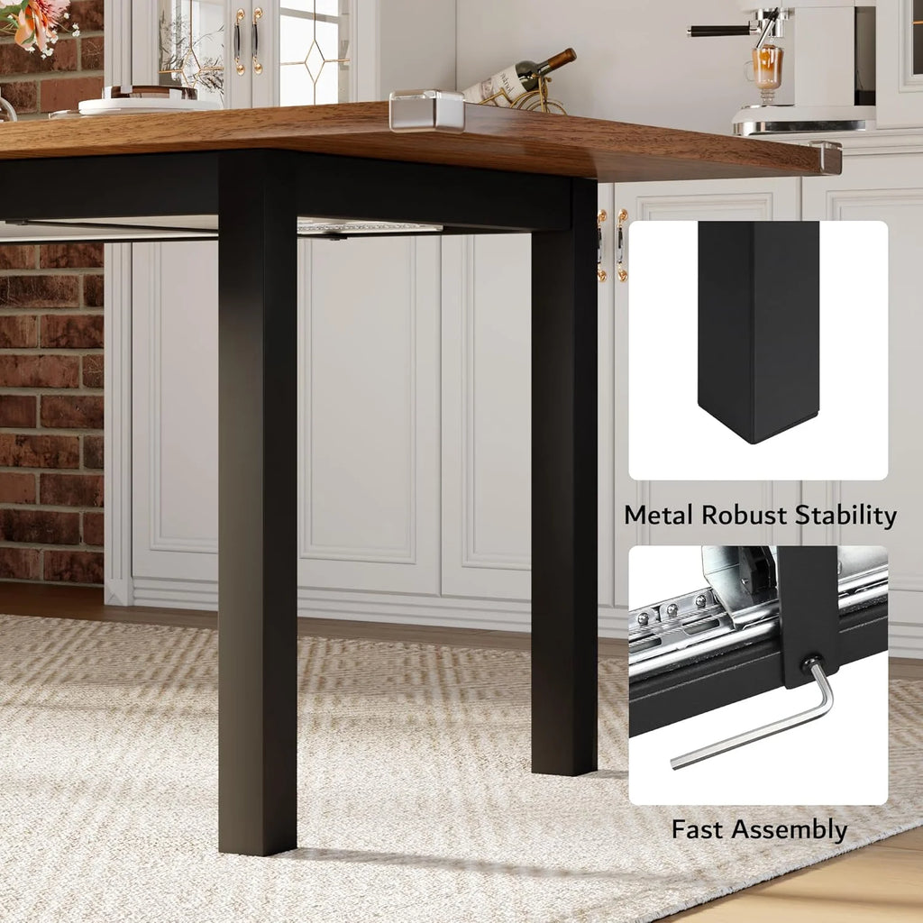 iPormis 63" Extendable Dining Table for 4-8, Square Wooden Dining Room Table with Metal Base, Modern Extendable Table for  Small Kitchens, Dining Office Areas, Black