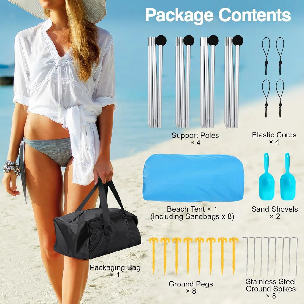 Rhino Valley Beach Tent Sun Shelter, Beach Canopy Tent Sun Shade U PF 50+ Protection with 8 Sandbags 4 Stability Poles, Outdoor Beach Shade Canopy for Beach, Camping, Fishing