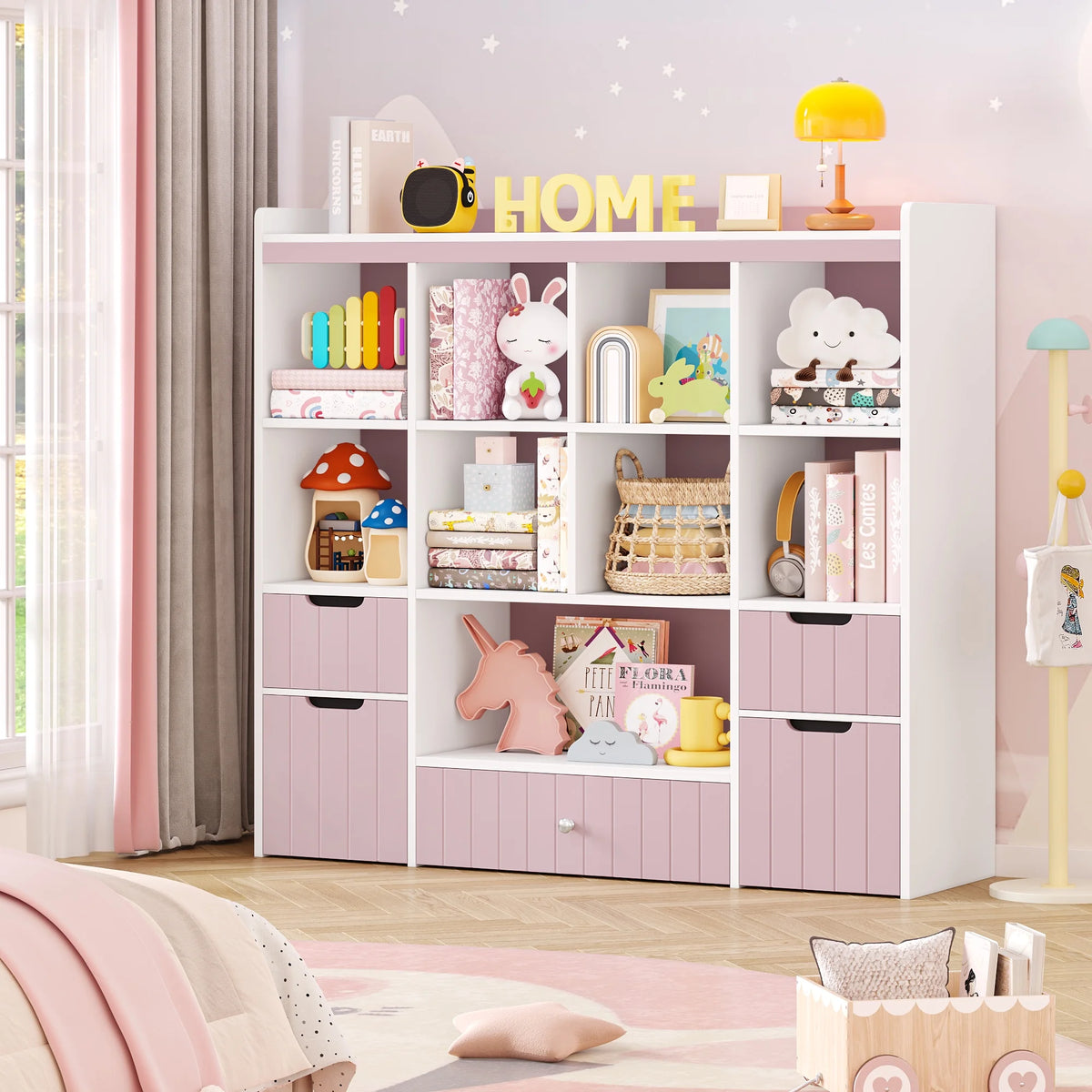 Homfa Kids Toy Storage Organizer with Cubby, Kids Toy Storage Chest with Removable Drawers, Kids Bookcase for Playroom Bedroom Living Room, Gray