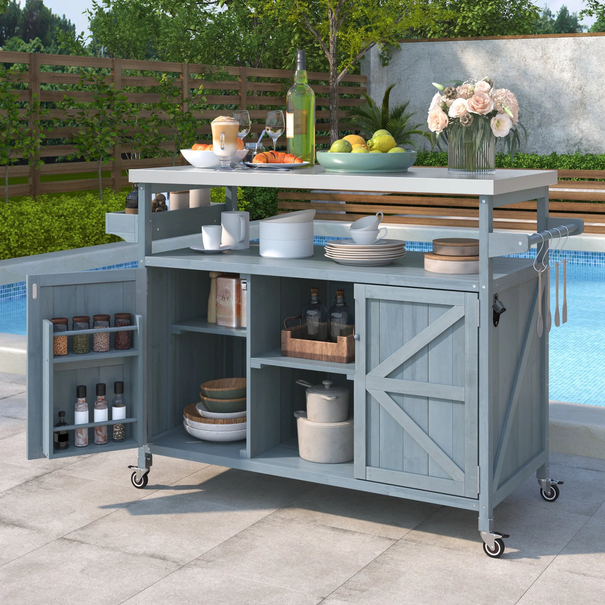 Outdoor Kitchen Island, Rolling Bar Cart & Storage Cabinet, Farmhouse Solid Wood Outdoor Grill Table with Stainless Steel Top, Spice Rack , Towel Rack for Kitchen & BBQ , Natural