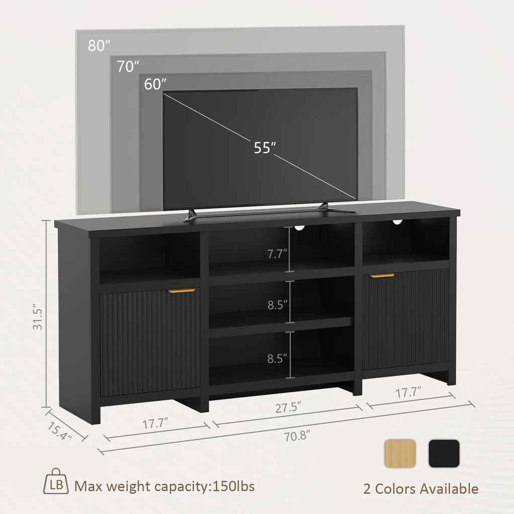 Planntonneo Mid-Century Modern Fluted TV Stand Wooden Media Console Entertainment Center for Living Room, Walnut Color