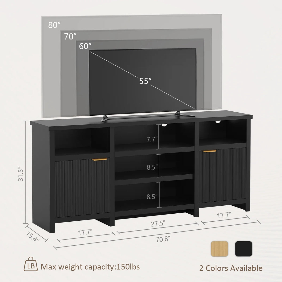 Planntonneo Mid-Century Modern Fluted TV Stand Wooden Media Console Entertainment Center for Living Room, Walnut Color