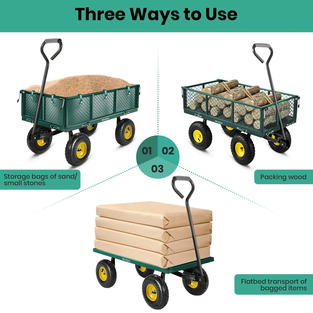 GVDV Heavy Duty Steel Garden Cart with Liner, 660lbs Capacity, 3 Cu ft, 10" All-Terrain Wheels, Black/Yellow Durable Utility Cart for Yard Work, Hauling, and Outdoor Use