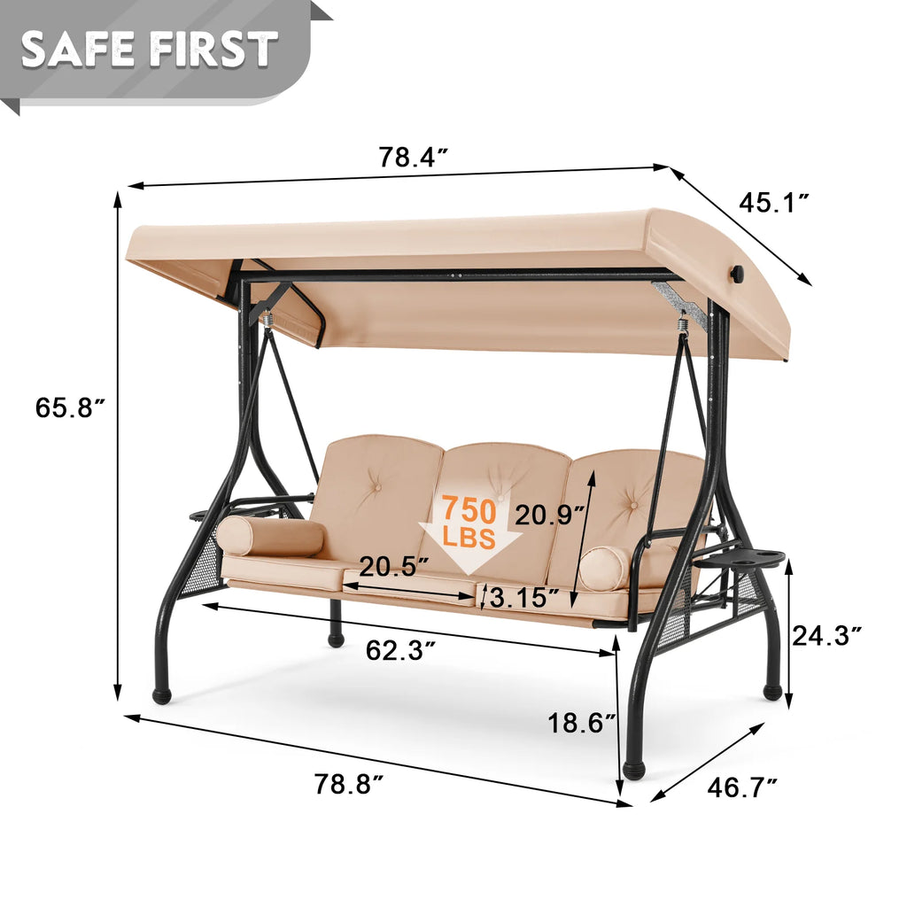 Homrest 3 Seat Outdoor Porch Swing with Adjustable Canopy, Cushions, and Cup Holder - Wine Red