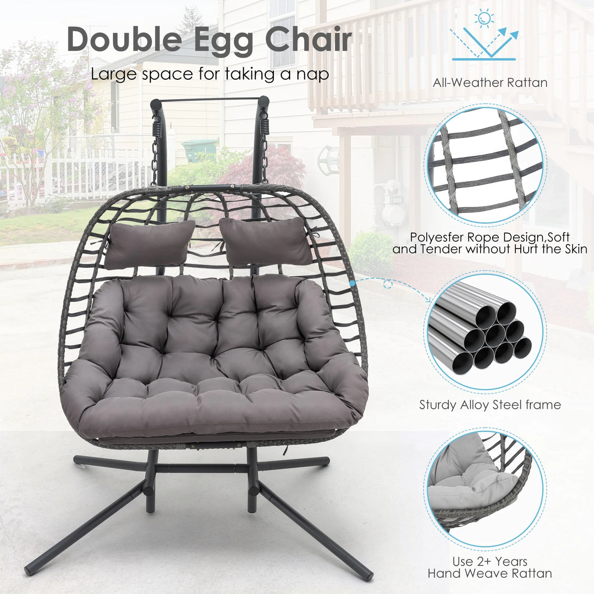 Brafab 2 Person Swing Egg Chair with Sturdy Stand and Fluffy Cushion, Large Double Hand-Woven Wicker Rattan Hanging Egg Chairs, Porch Swing Loveseat 500LBS Capacity for Indoor Outdoor, Light Grey