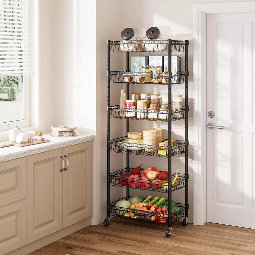 6 Tier Wire Shelving Unit with Wheels Baskets Storage Rack Corner Shelves Adjustable Shelf Closet Bathroom Organizers Metal Pantry Kitchen Garage Laundry Room 13.5" D x 13.5" W x 63" H Silver