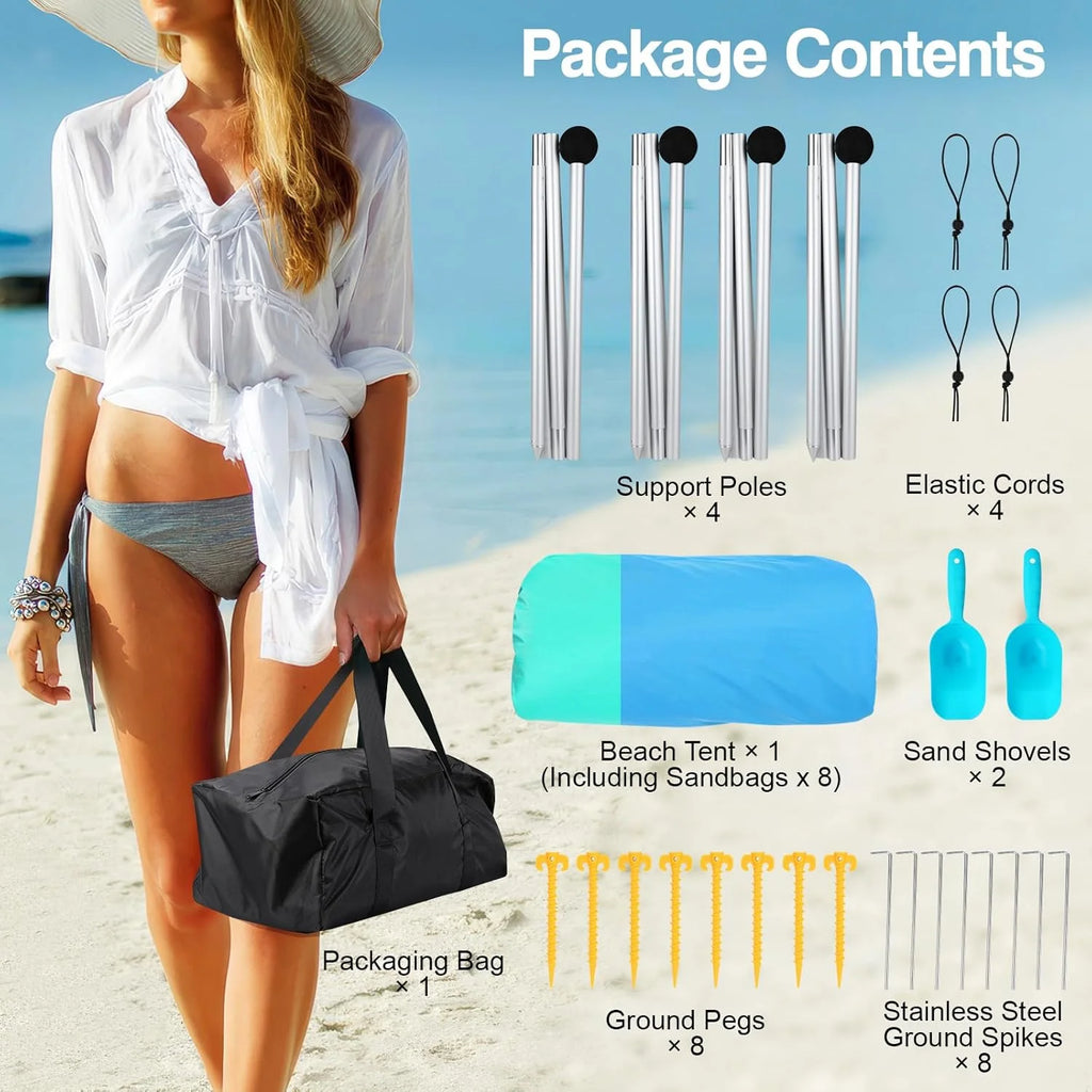 Rhino Valley Beach Tent Sun Shelter, Beach Canopy Tent Sun Shade U PF 50+ Protection with 8 Sandbags 4 Stability Poles, Outdoor Beach Shade Canopy for Beach, Camping, Fishing