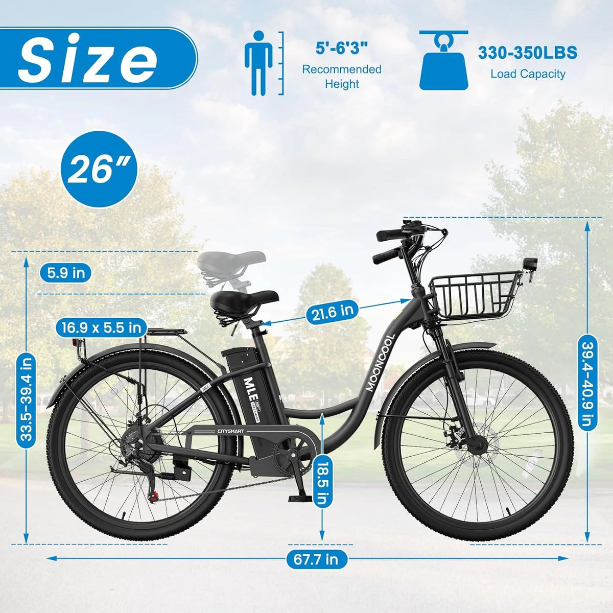 MOONCOOL Electric Bicycle for Adults 350W , 7-Speed Ebike with 36V 10.4Ah Removable Battery 40 Miles Range , 20 mph Electric Commuter Bike for Women Men, Certified to UL 2849 by SGS