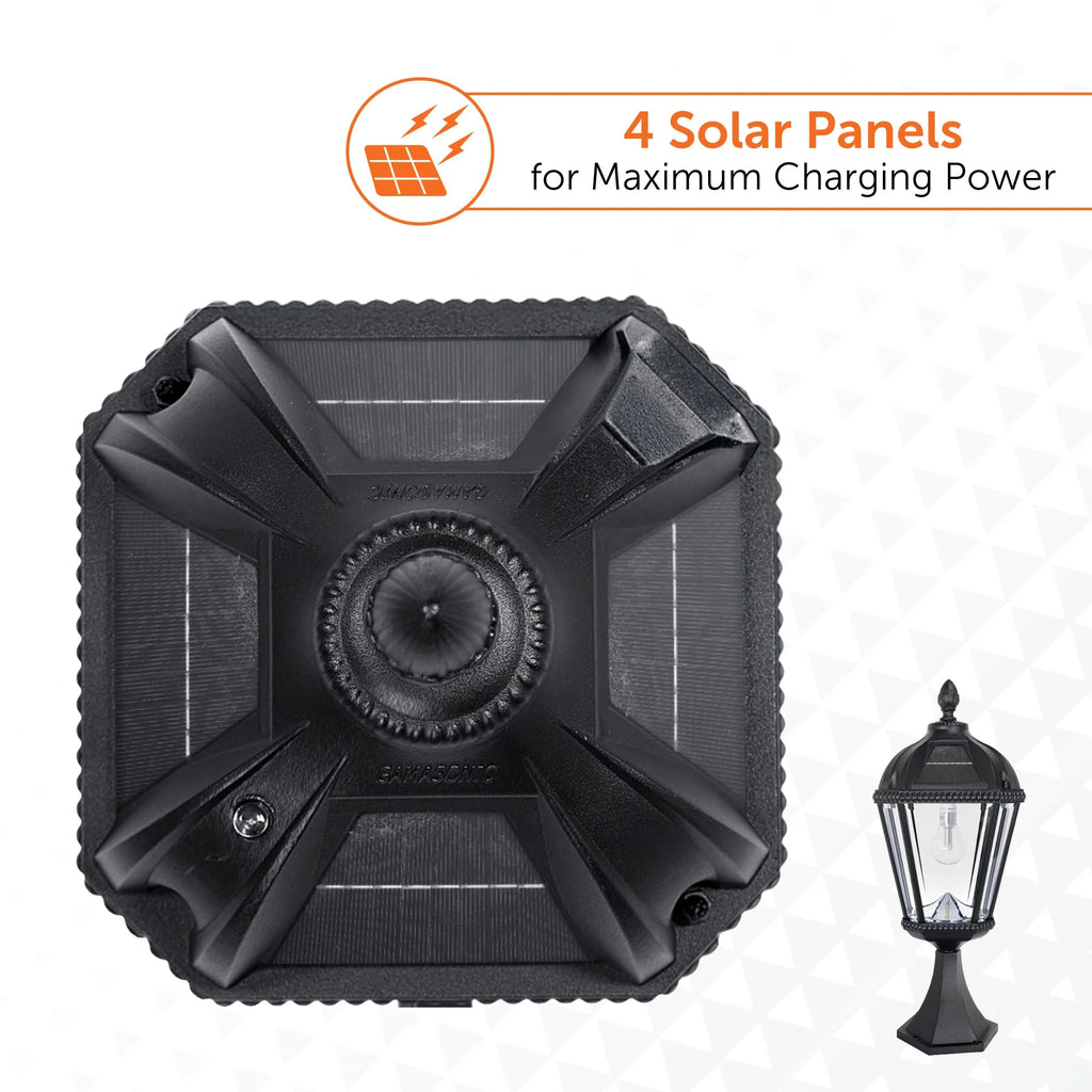 Gama Sonic Solar Outdoor Lamp Post Light, Black Cast Aluminum and Beveled Glass Panels, 10-Year Royal Bulb, Warm White LED with Omni-Direction Reflector, 87-inch Height, 98B001